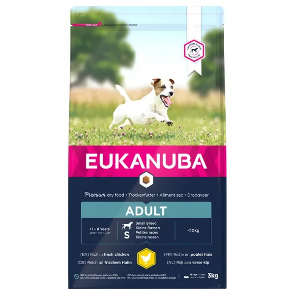 Eukanuba Adult Small Breed - Балансирана храна за израснали кучета от малки породи с пилешко и пуешко месо, 3 кг.