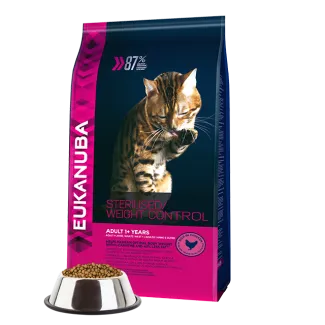 Eukanuba Cat Sterilised Weight Control - Балансирана храна за израснали кастрирани котки и с наднормено тегло с пилешко и пуешко мео, 10 кг.