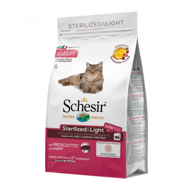 Schesir Cat Sterilized & Light - Пълноценна суха храна за кастрирани израснали котки или с наднормено тегло, със свинско месо,1.5 кг.