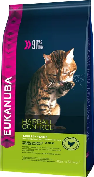 Eukanuba Hairball control - Пълноценна суха храна за израснали котки против космени топки, с пилешко месо, 4кг.