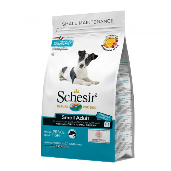 Schesir Small Dog Maintenance with Fish - Пълноценна суха храна за израснали кучета от дребни породи с риба, 800 гр.