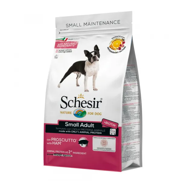 Schesir Small Dog Maintenance - Пълноценна суха храна за израснали кучета от дребни породи със свинско и прошуто, 800 гр.