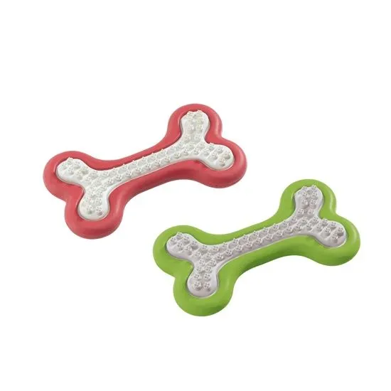 Feplast Dog Bone - Гумена играчка за кучета за зъби във формата на кокал - 10 см./червен, зелен/