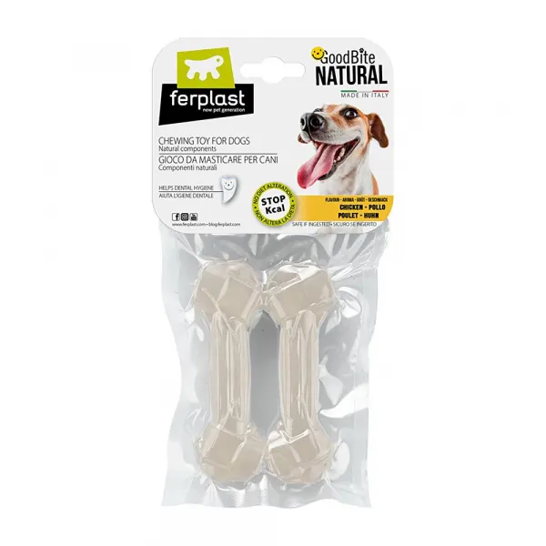 Ferplast GoodBite Natural S - Лакомство за кучета - кокал за дъвчене от царевично нишесте с вкус на пиле, 11 x 3,6 x h 1,7см.,2 броя х 40 гр в пакет.-2 пакета 