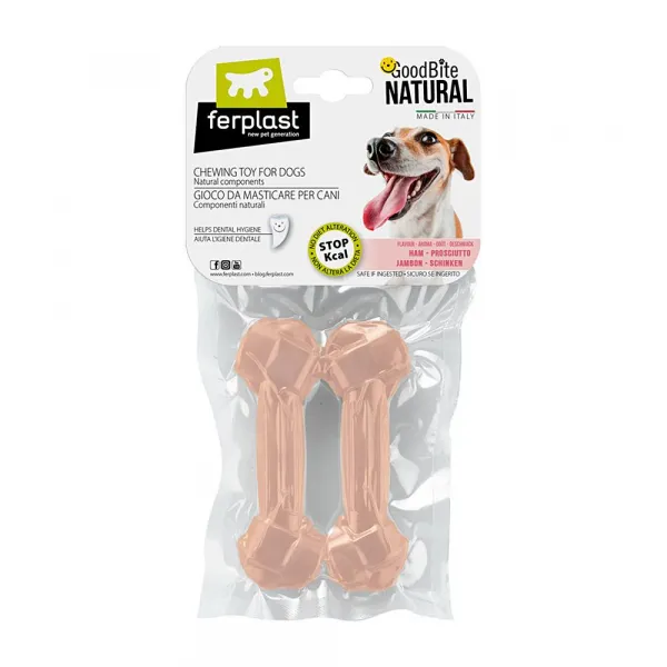 Ferplast GoodBite Natural S - Лакомство за кучета - кокал за дъвчене от царевично нишесте с вкус на шунка , 11 x 3,6 x h 1,7см.,2 броя х 40 гр в пакет.-2 пакета 