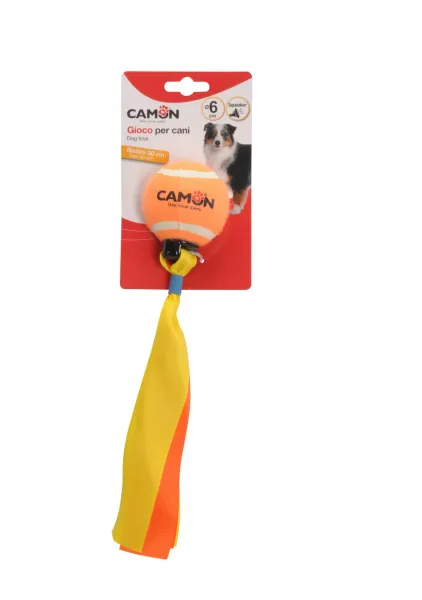 Camon Tennis ball with squeaker and ribbon - Кучешка играчка - скърцаща тенис топка с панделка, 30 см.