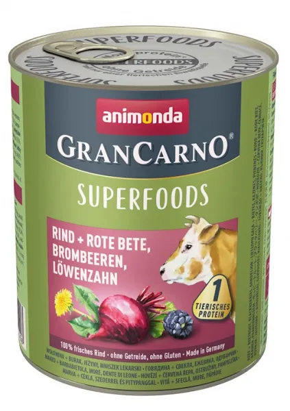 Animonda GranCarno Superfoods - Премиум консервирана храна за кучета с един източник на протеин, с говеждо месо плюс подбрани суперхрани, 800 гр.