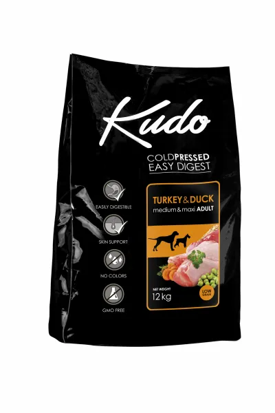 Kudo Low Grain Turkey/Duck Medium&Maxi Adult - Пълноценна суха храна за кучета от средни и едри породи над 1 год,без зърно, с пуешко.патешко и пилешко месо, 12 кг.