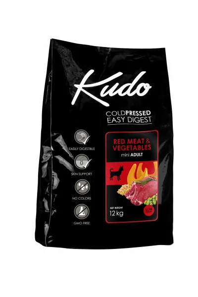 Kudo Low Grain Red Meat Mini Adult - Пълноценна суха храна за израснали кучета от мини породи с говеждо и свинско месо,12 кг.
