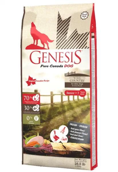 Genesis Pure Canada Wide Country Senior - Супер премиум суха храна израснали кучета, без зърно, с прясно пилешко, гъше и патешко месо, 11.79 кг.