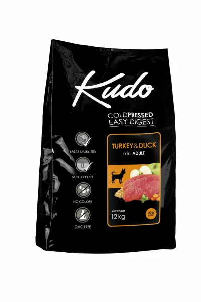 Kudo Low Grain Turkey/Duck Mini Adult - Пълноценна суха храна за кучета от дребни породи над 1 година,с патешко,пуешко и пилешко месо, 3 кг.