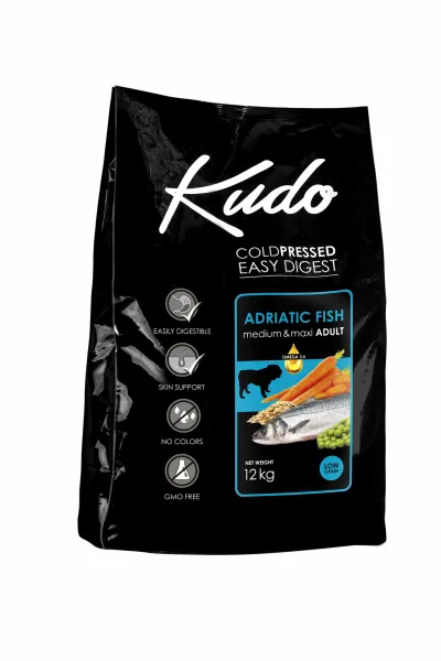 Kudo Low Grain Adriatic Fish Meduim-Maxi Adult - Пълноценна суха храна за израснали кучета от всички с риба и зеленчуци, 3 кг.