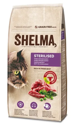 Shelma Sterilised - Премиум суха храна за кастрирани котки, без зърно, с говеждо и пилешко месо, 8 кг.+ 28 пауча х 85 гр. Pouch cat риба треска, спирулина