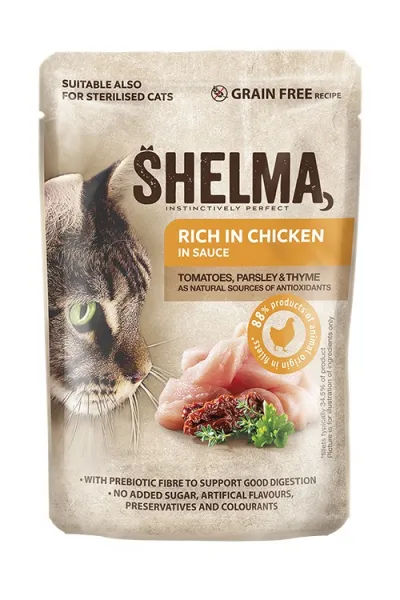 Shelma Pouch Cat - Премиум паучове за котки, без зърно, с пилешко месо, домати и билки, 28 броя x 85 гр.