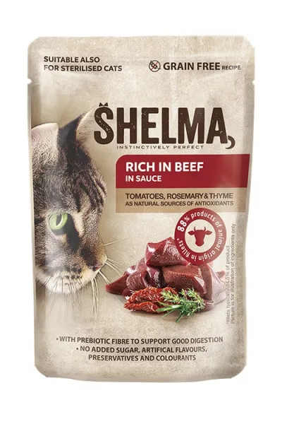Shelma Pouch Cat - Премиум паучове за котки, без зърно, с говеждо месо, домати и билки, 28 броя x 85 гр.