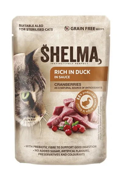 Shelma Pouch Cat - Премиум паучове за котки, без зърно, с патешко месо и червена боровинка, 28 броя x 85 гр.