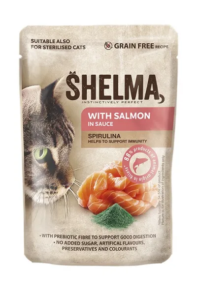 Shelma Pouch Cat - Премиум паучове за котки, без зърно, със месо от сьомга и спирулина, 28 броя x 85 гр.