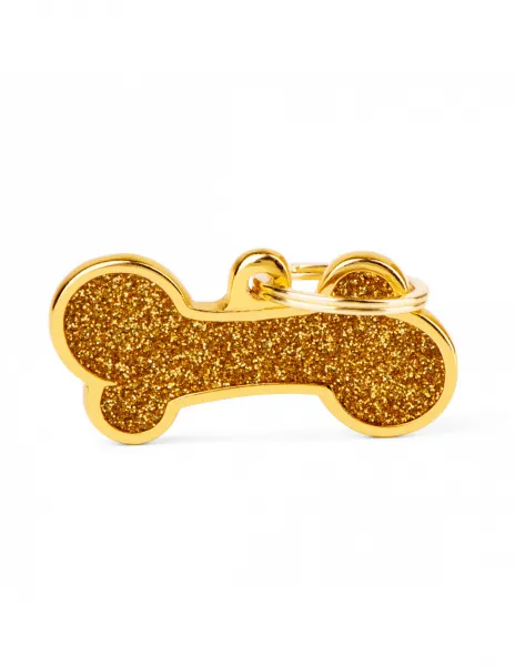 My Family Id Tag Big Bone Gold Gitter - Елегантен адресник за кучета във форма на кокал , златист