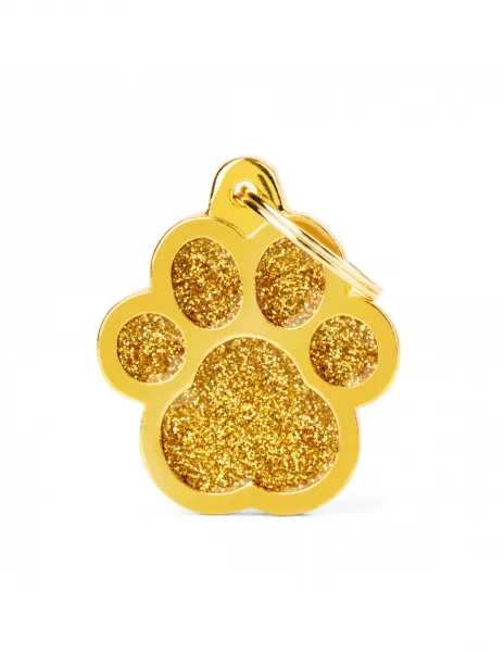 My Family Id Tag Big Paw Gold Gitter - Елегантен адресник за кучета във форма на лапичка, златист