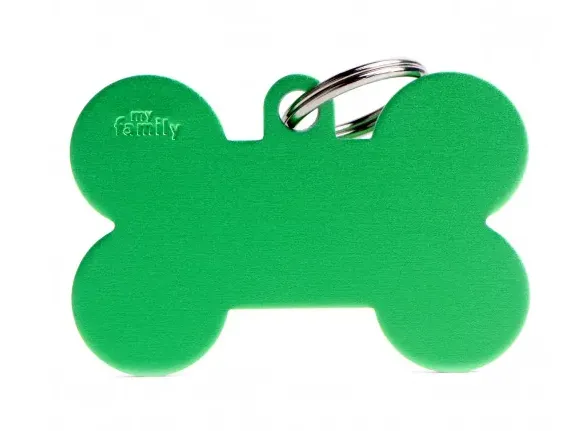 My Family Id Tag XL - Елегантен алуминиев кучешки адресник медальон във форма на кокал, зелен