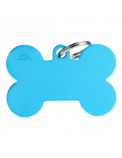 My Family Id Tag XL - Елегантен алуминиев кучешки адресник медальон във форма на кокал, син