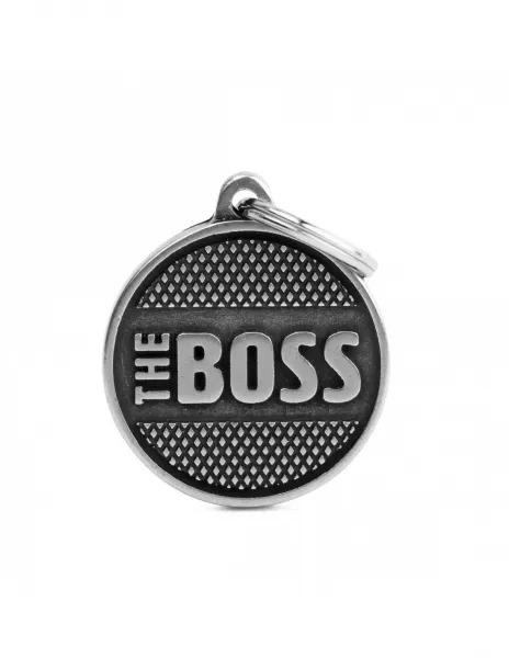 My Family Id Tag - Елегантен алуминиев кучешки адресник медальон с надпис The Boss - сребрист