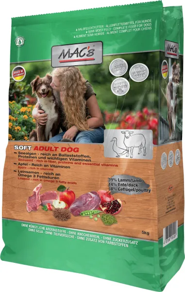 Mac's Soft Adult - Премиум храна за израснали кучета, без зърно , с патешко и пилешко месо, 5 кг.