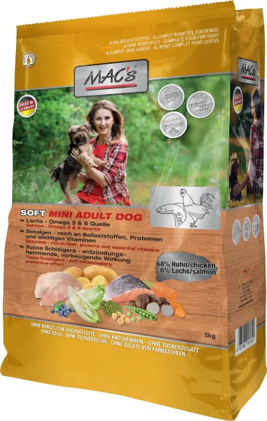 Mac's Soft Mini - Пълноценна храна за израснали кучета от дребни породи пилешко месо и риба, 5 кг.