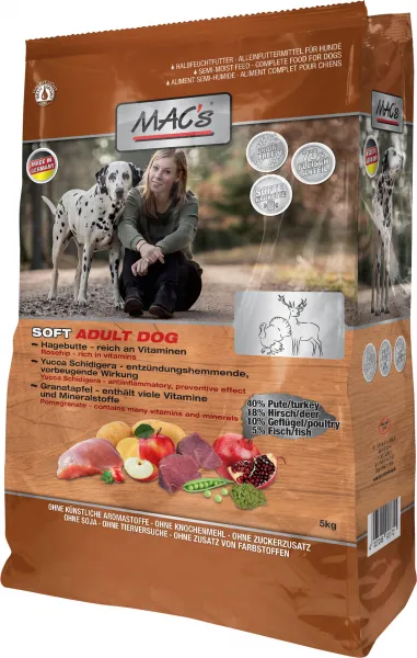 Mac's Soft Turkey Deer - Пълноценна полувлажна храна за израснали кучета с еленско и пуешко месо, 5 кг.