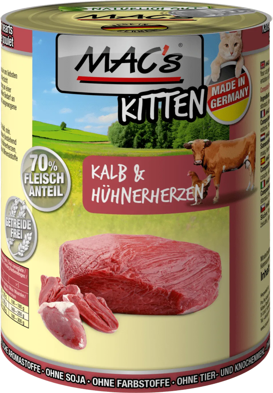 Mac's Kitten Chicken and Beef - Премиум консервирана храна за подрастващи котки, без зърно, с пилешко и телешко месо, 400 гр./3 броя