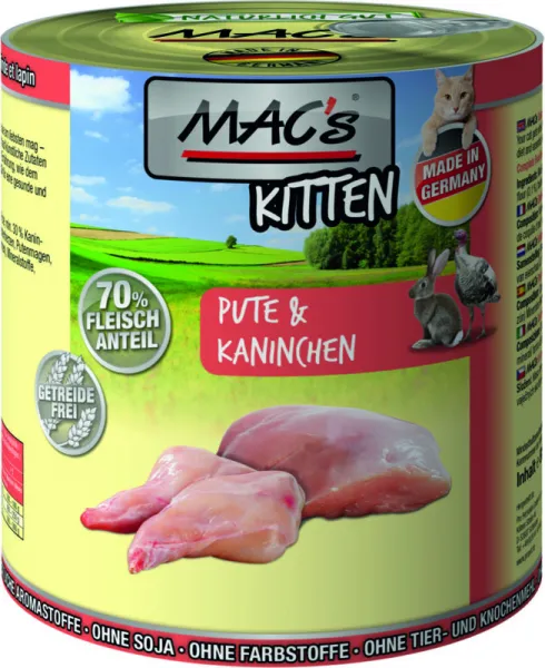 Mac's Kitten Chicken and Beef - Премиум консервирана храна за подрастващи котки, без зърно, с пуешко и заешко месо, 400 гр./3 броя