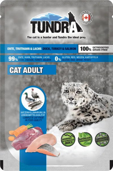 Tundra Adult Cat - Премиум пауч за израснали котки, без зърно с пуешко, патешко и сьомга, 85 гр./4 броя