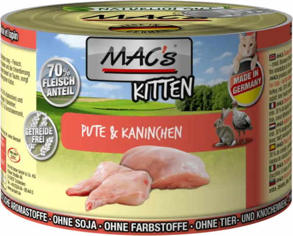 Mac's Kitten - Премиум консервирана храна за подрастващи котки, без зърно, с пуйка и заек, 200 гр./3 броя