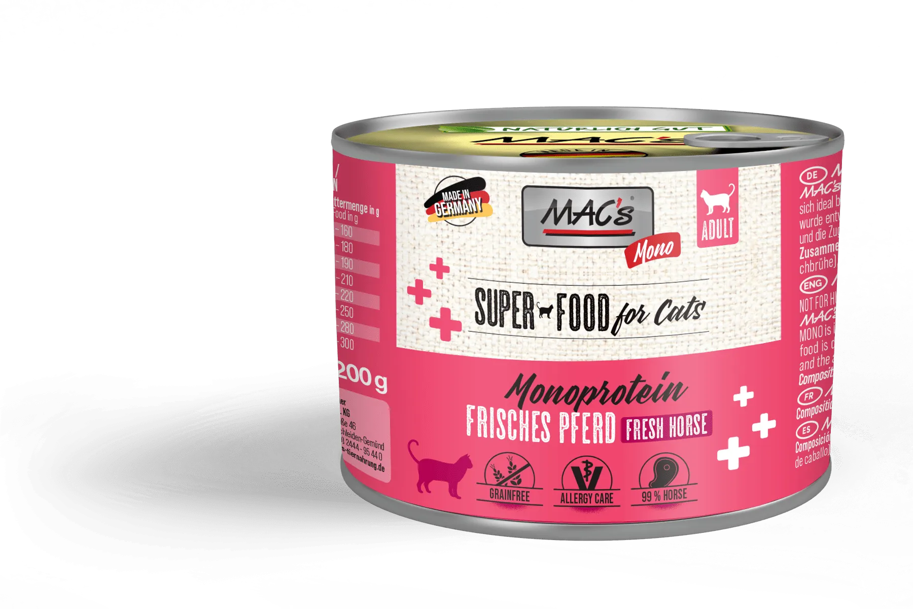 Mac's Monoprotein Cat - Премиум консервирана храна за израснали капризни и чувствителни котки, без зърно, с конско месо, 200 гр/2 броя.