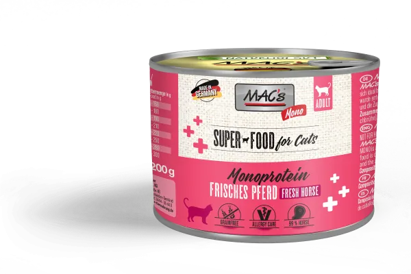 Mac's Monoprotein Cat - Премиум консервирана храна за израснали капризни и чувствителни котки, без зърно, с конско месо, 200 гр/2 броя.