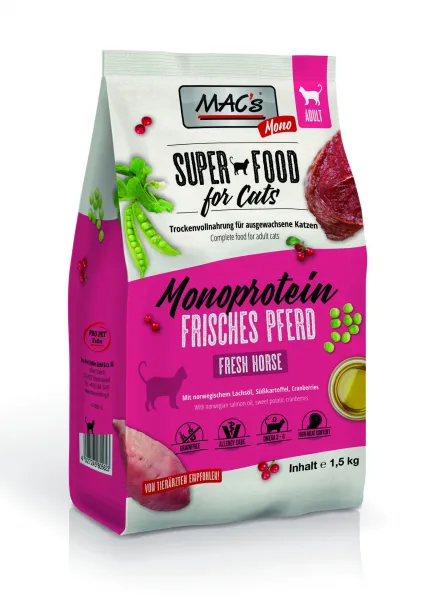 Mac's Monoprotein Hourse - Премиум суха храна за израснали капризни и чувствителни котки, без зърно, с конско месо, 300 гр.