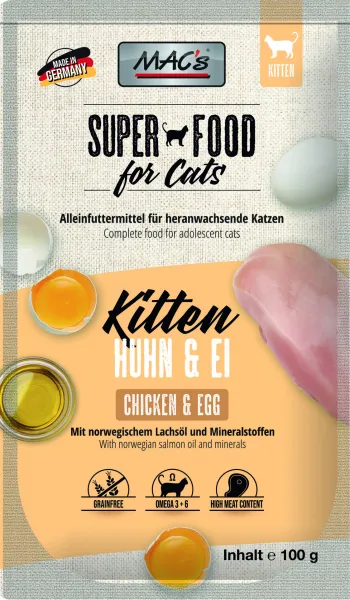 Mac's Super Food For Cats - Премиум пауч за подрастващи котки,без зърно, с пилешко месо и яйца, 100 гр./4 броя