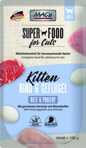 Mac's Super Food For Cats - Премиум пауч за подрастващи котки,без зърно, с пилешко и говеждо месо, 100 гр./4 броя