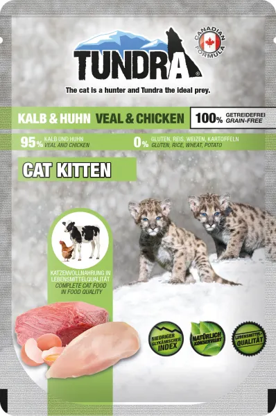 Tundra Kitten Pure Veal and Chicken - Премиум пауч за подрастващи котки, без зърно, с чисто пилешко и телешко месо, 100 гр./4 броя 