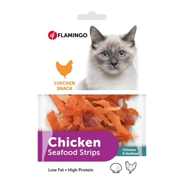 Flamingo Chick`n Snack Soft Strips - Вкусно лакомство за котки, меки ленти с пилешко месо и морски дарове, 85 гр.