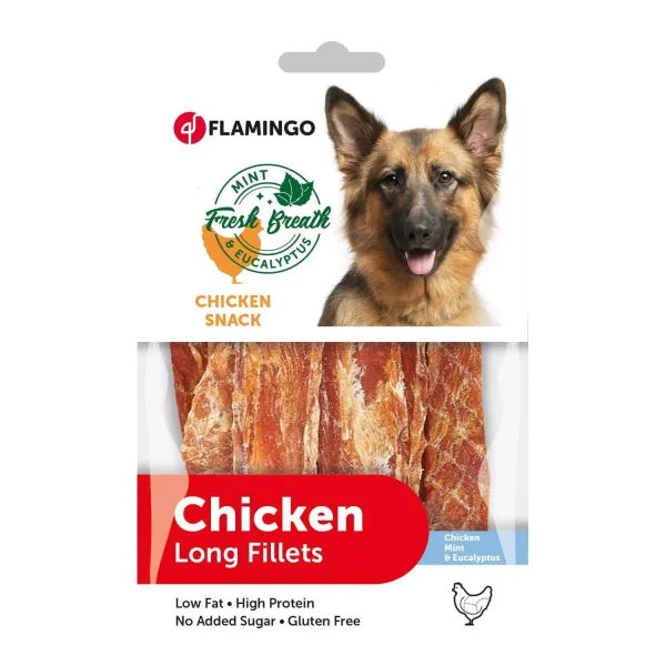 Flamingo Chick'n Snack - Лакомство за кучета с пилешки филета и мента за свеж дъх, 85 гр.