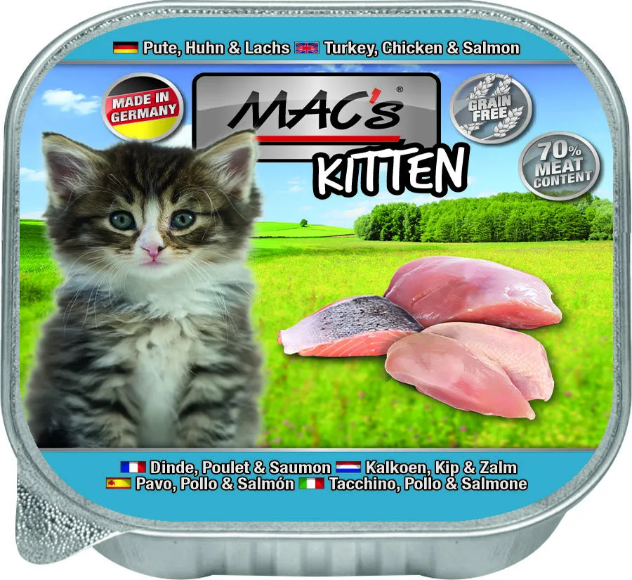 Mac's Kitten - Премиум пастет за подрастващи котки, без зърно, с пилешко, пуешко и сьомга, 85 гр./5 броя
