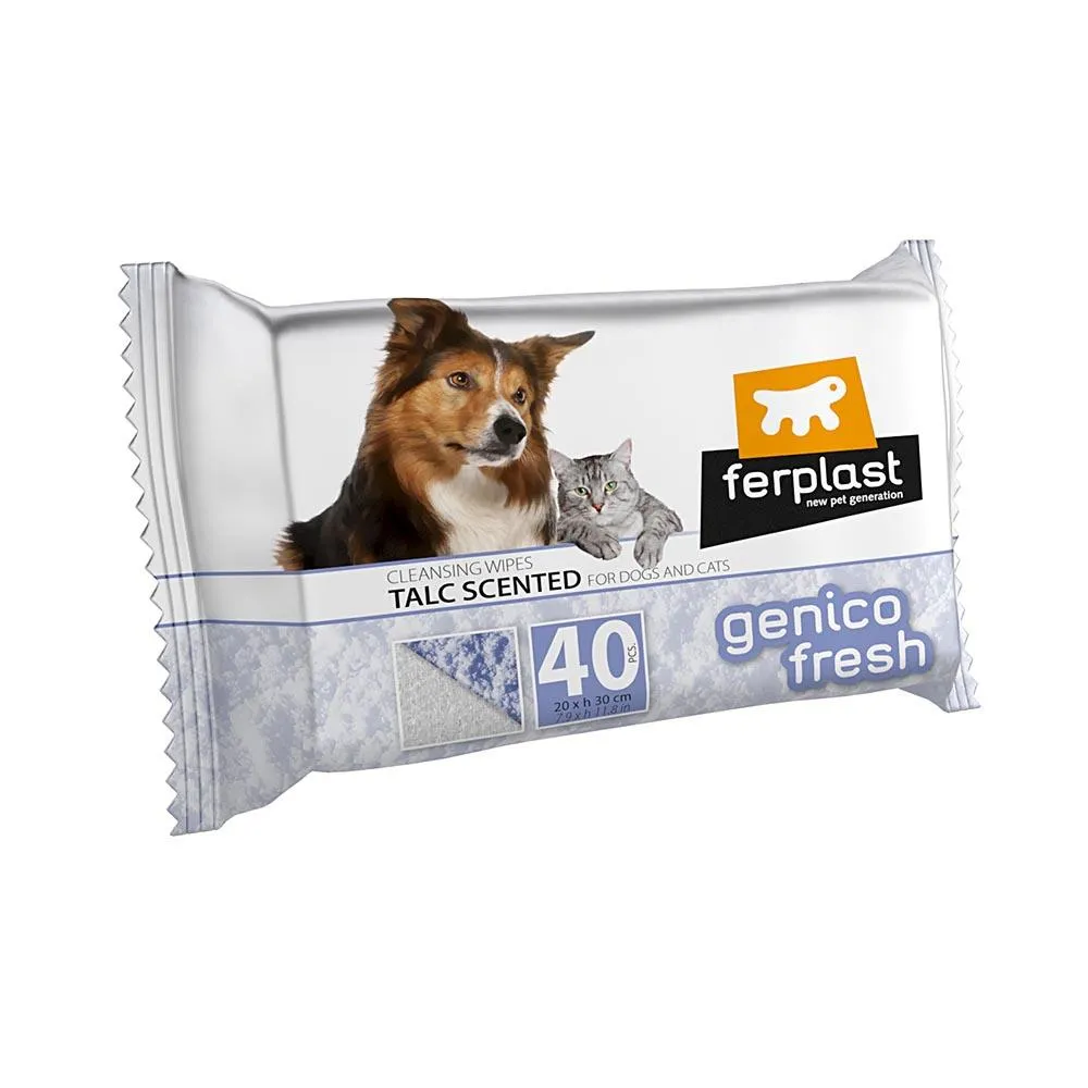 Ferplast Genco Fresh 40 Talc - Почистващи мокри кърпички за кучета и котки с талк, 40 броя 20/ 30 см.