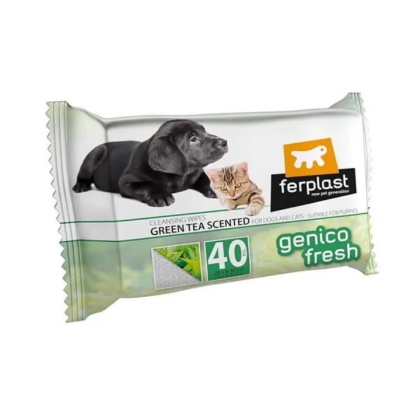 Ferplast Genco Fresh Green Tea - Почистващи мокри кърпички за кучета и котки със зелен чай, 40 броя, 20/30 см. 1