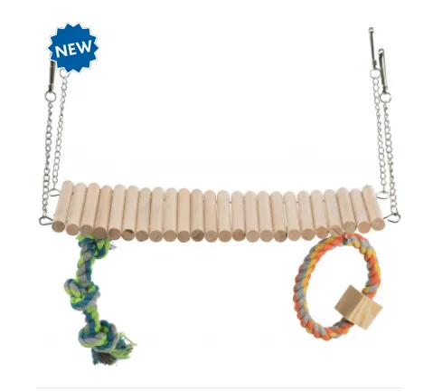 Trixie Suspension Bridge - Дървена играчка за хамстери, мишки и други малки гризачи - мост с въжен пръстен,30/17/9 см.
