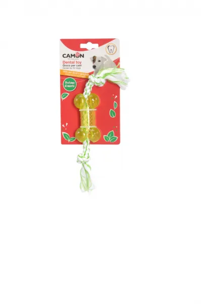Camon dog toy - Забавна играчка за кучета - TPR кокалче с въже, ароматизирана с мента 24 см.