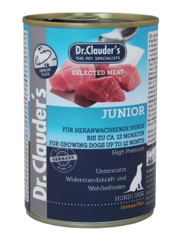 Dr.Clauder's Selected Meat Junior - Премиум консервирана храна за подрастващи кучета от 1 до 12 месеца с говеждо, свинско и пилешко месо, 800 гр./2 пакета