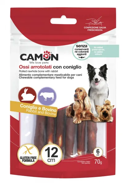 Camon Rawhide rolls with rabbit - Лакомство за кучета, вкусни хапки от сурова телешка кожа с заешко,12 см/70 гр./ 2 пакета
