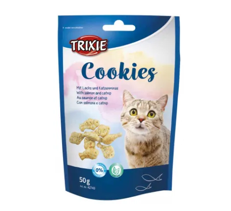 Trixie Cat Cookies - Лакомство за котки, вкусни бисквити със сьомга и катнип, 50 гр./4 пакета