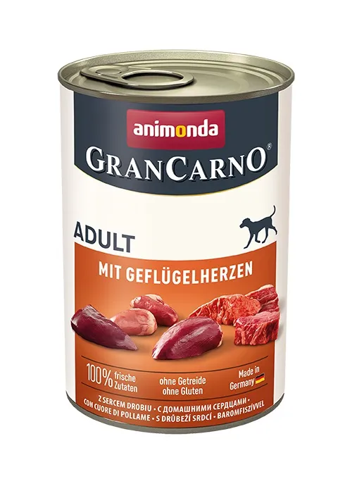 Animonda GranCarno® - Премиум консервирана храна за израснали кучета с пилешки сърца, без зърно, 400 гр./3 пакета